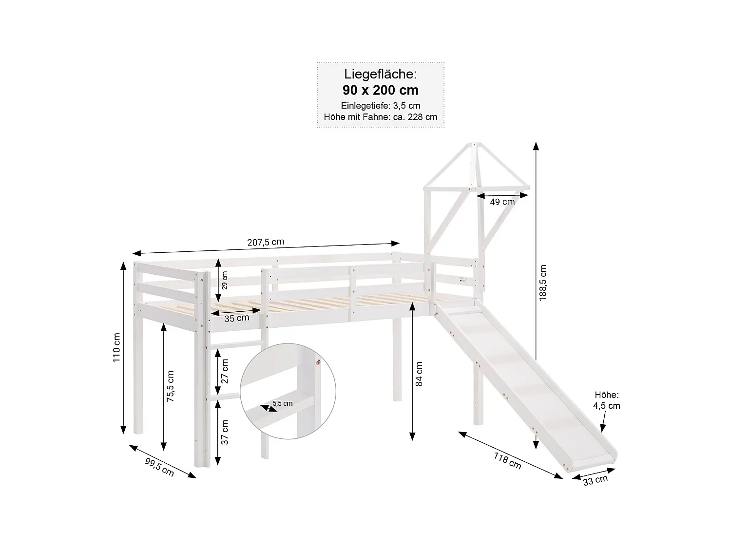 Lit mezzanine pour enfants 90x200 cm blanc avec rideau en vert menthe Tour de glissade avec sommier à lattes