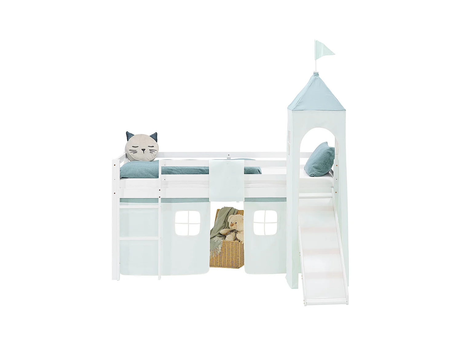 Lit mezzanine pour enfants 90x200 cm blanc avec rideau en vert menthe Tour de glissade avec sommier à lattes