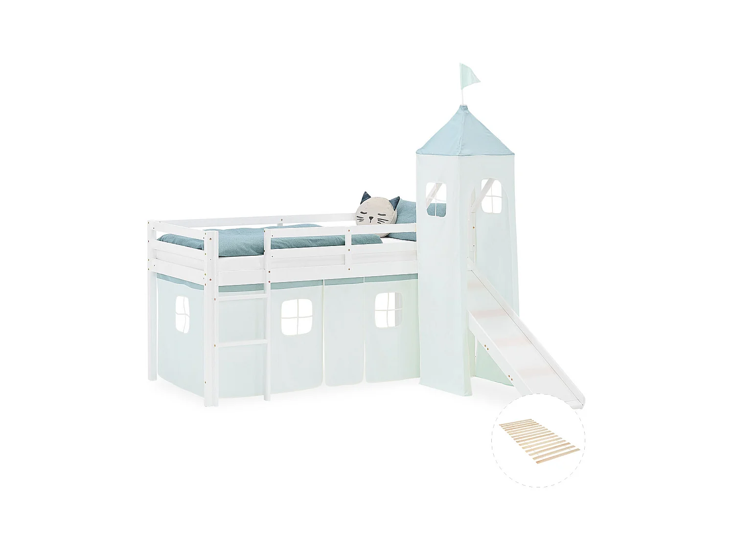 Hochbett für Kinder 90x200 cm weiß mit Vorhang in Mintgrün, Rutschenturm mit Lattenrost