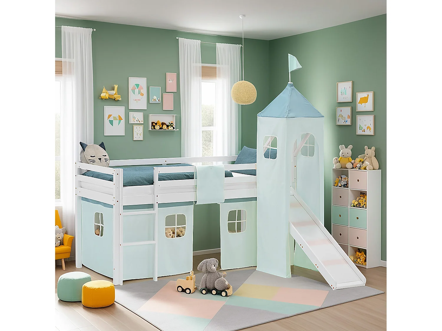 Halfhoogslaper voor kinderen 90x200 cm wit met mintgroene gordijn Slide Tower met lattenbodem
