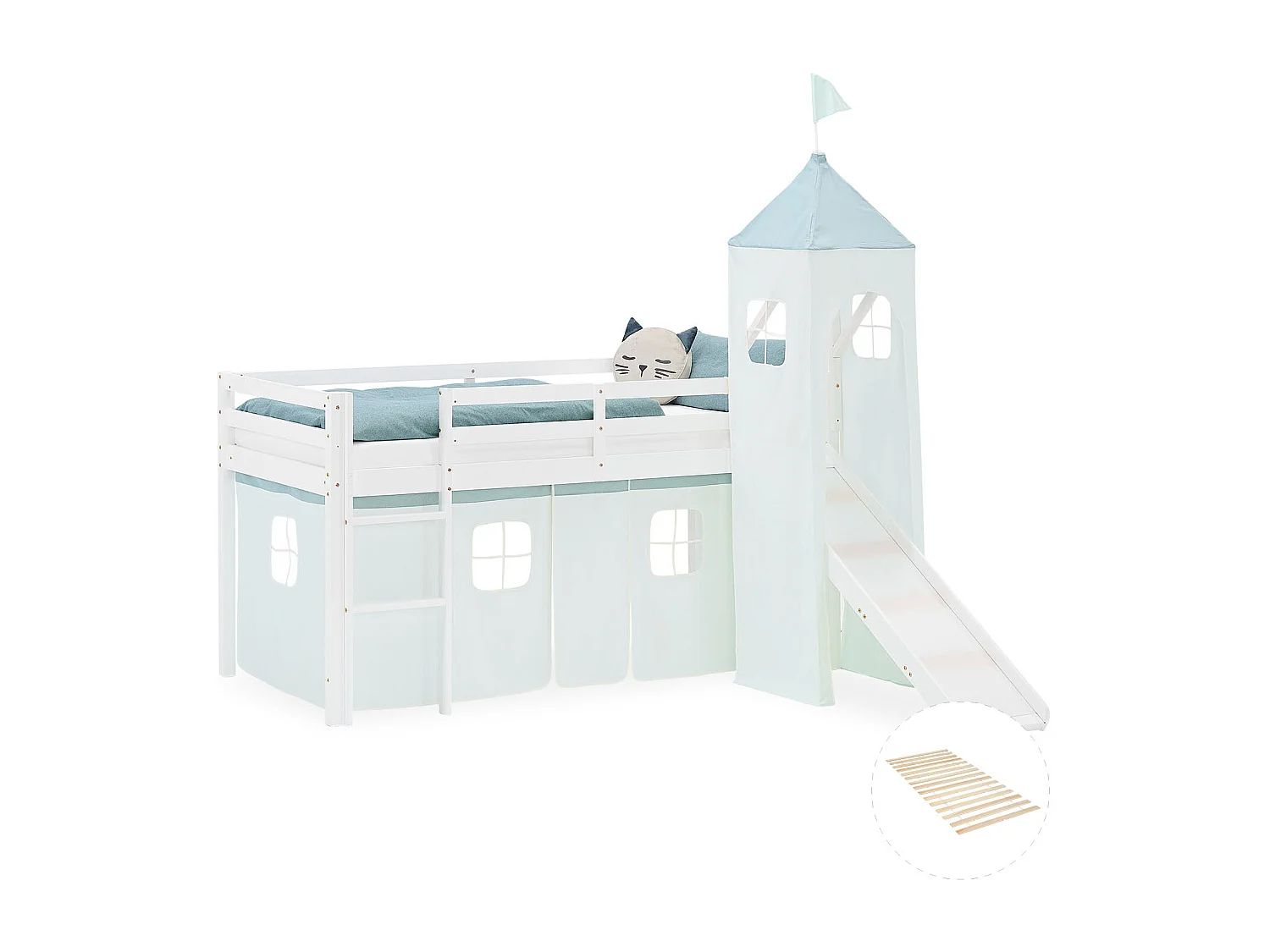 Halfhoogslaper voor kinderen 90x200 cm wit met mintgroene gordijn Slide Tower met lattenbodem