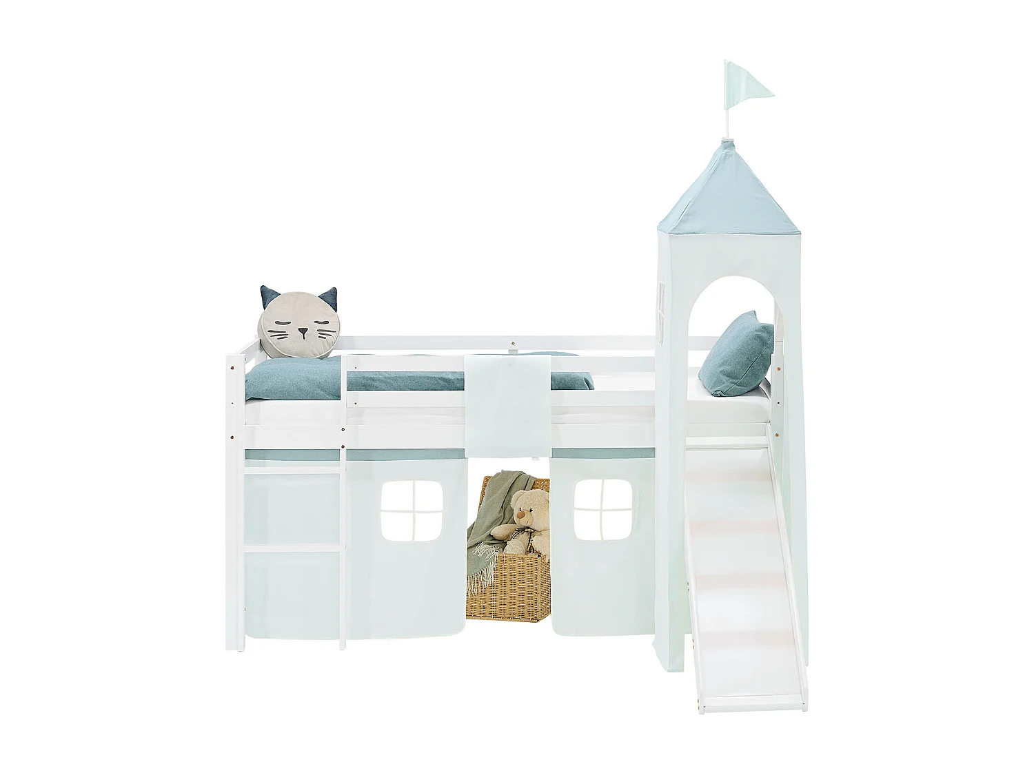 Halfhoogslaper voor kinderen 90x200 cm wit met mintgroene gordijn Slide Tower met lattenbodem