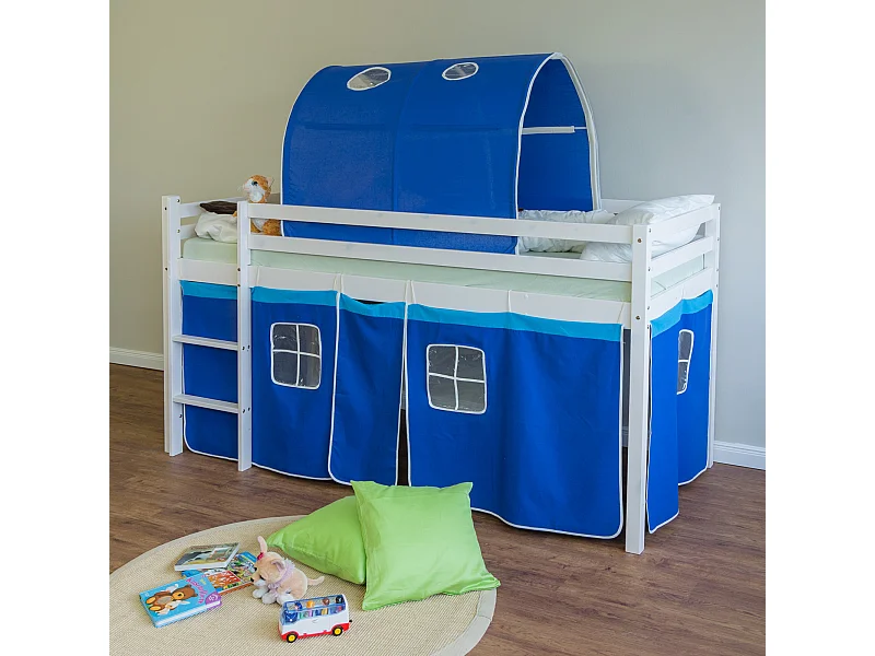 Cama alta 90x200 cm azul, pinho maciço