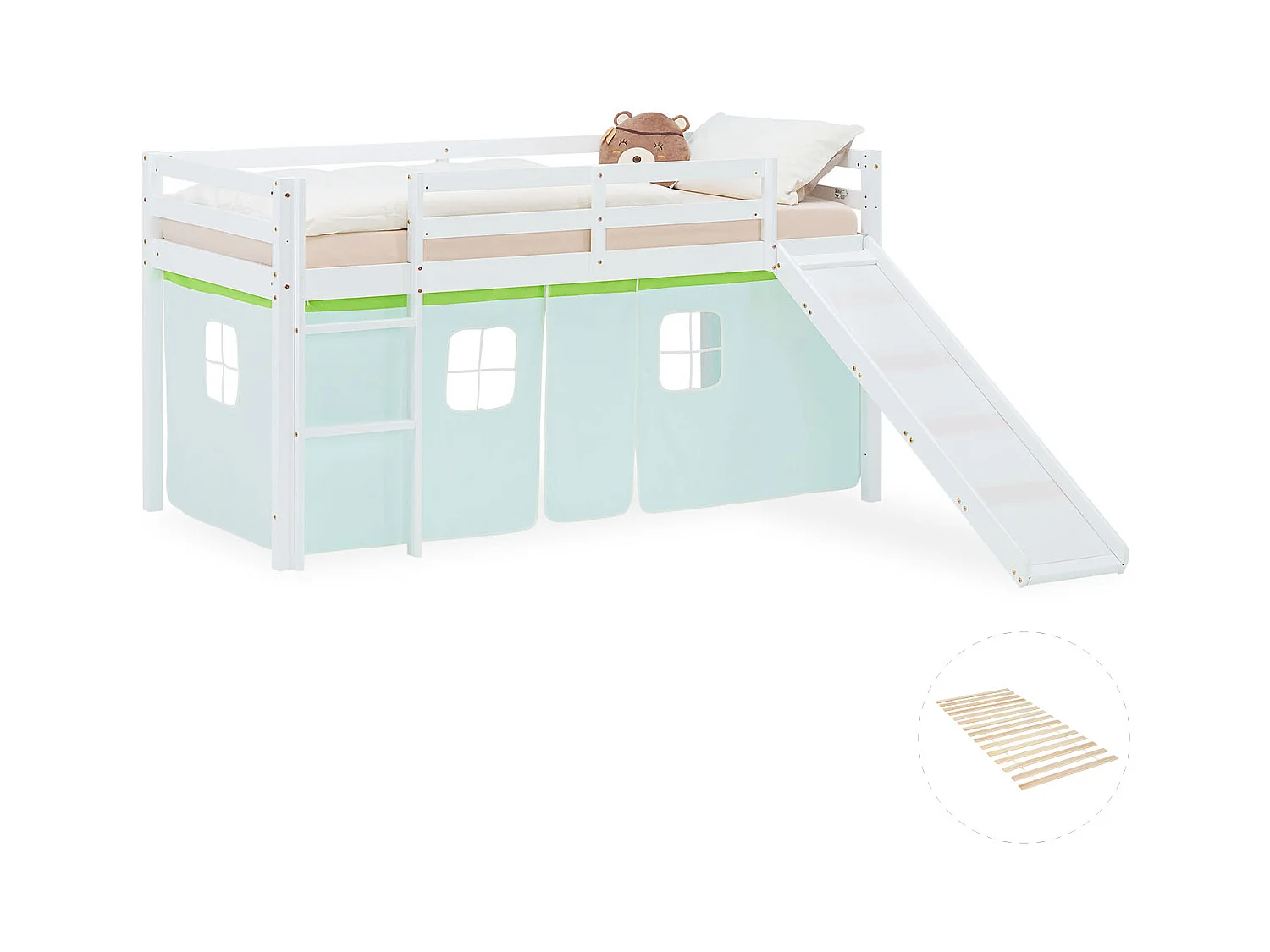 Hochbett für Kinder 90x200 cm Weiß mit grünem Vorhang