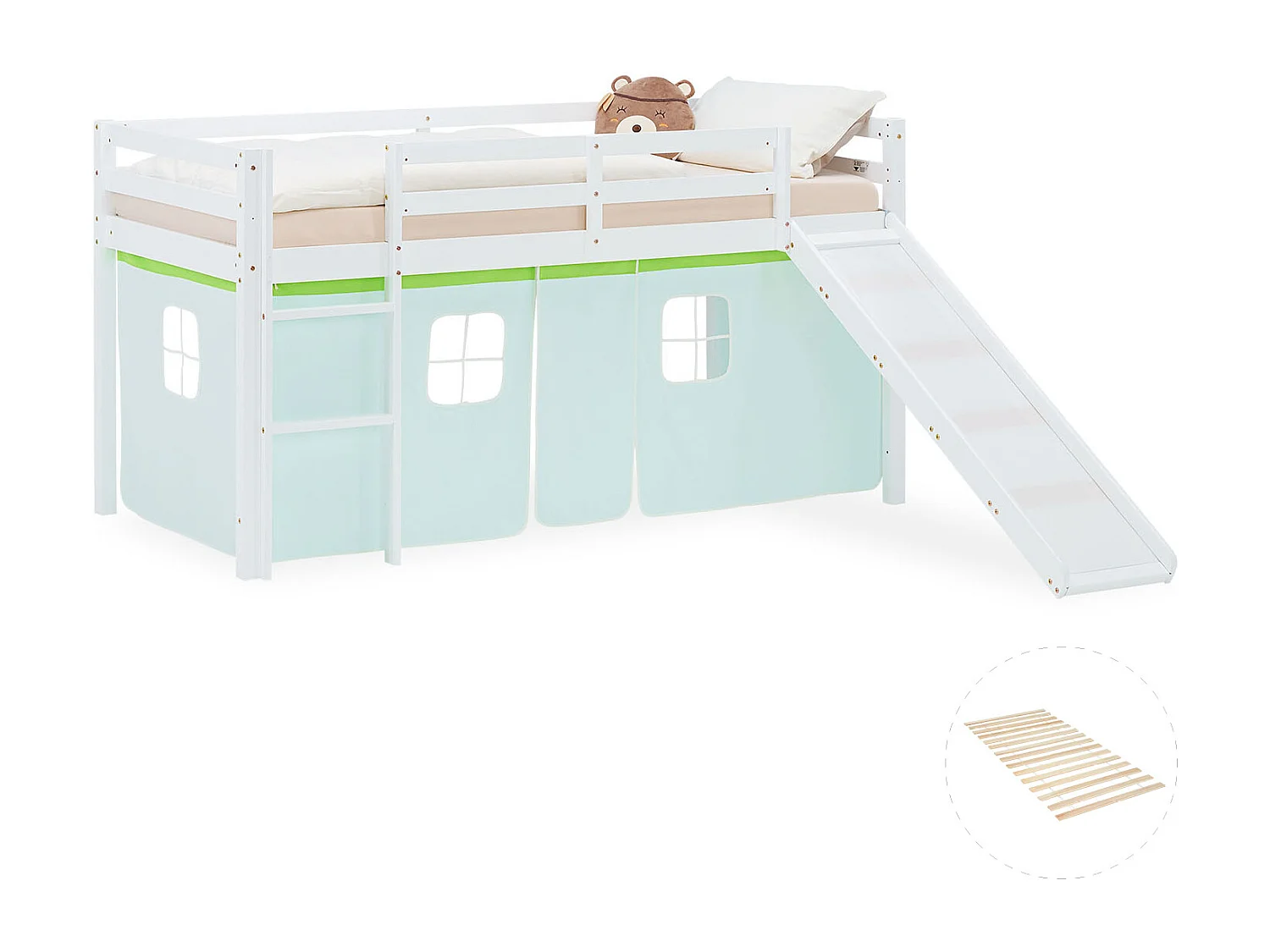 Hochbett für Kinder 90x200 cm Weiß mit grünem Vorhang