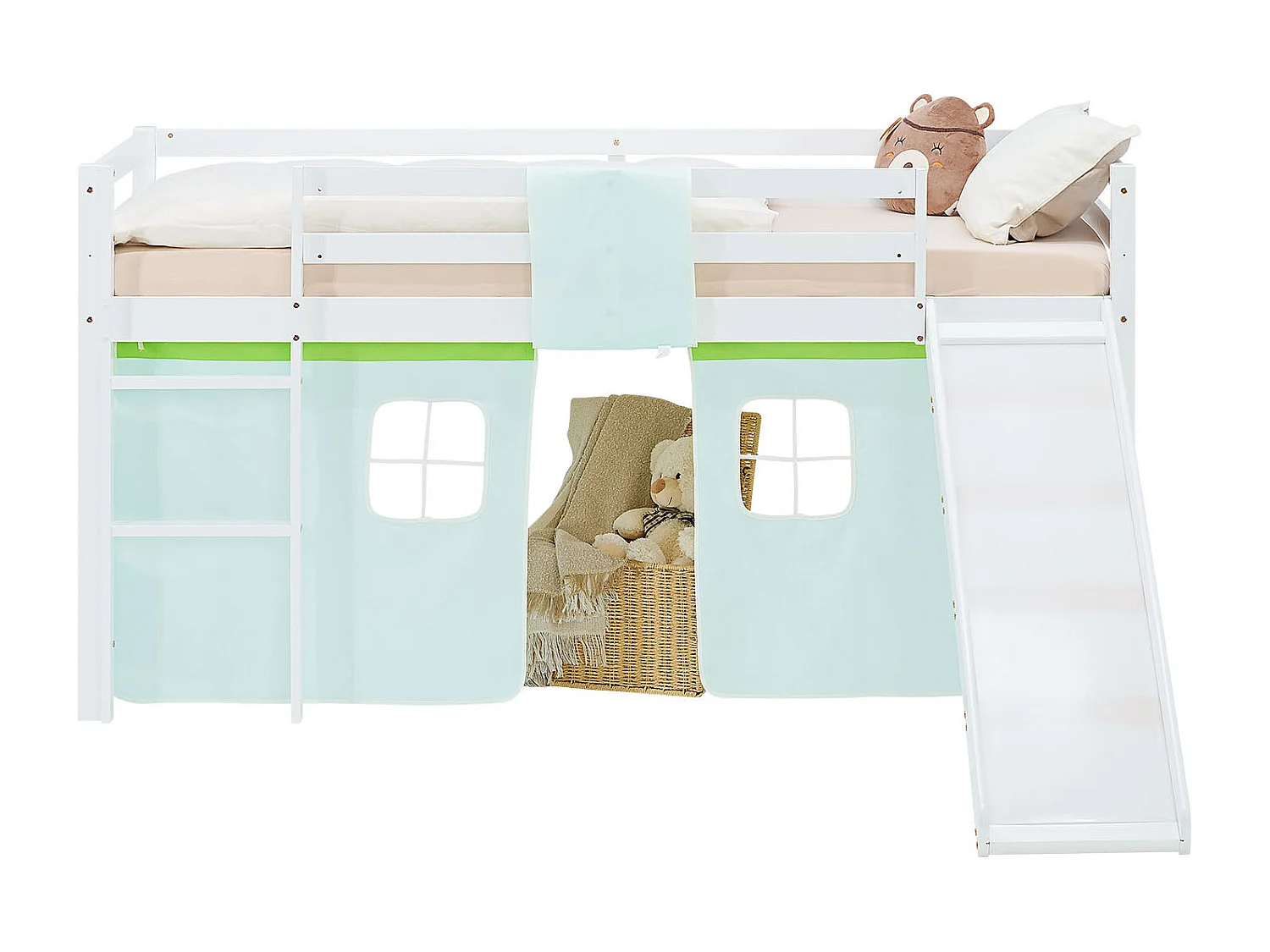 Hochbett für Kinder 90x200 cm Weiß mit grünem Vorhang
