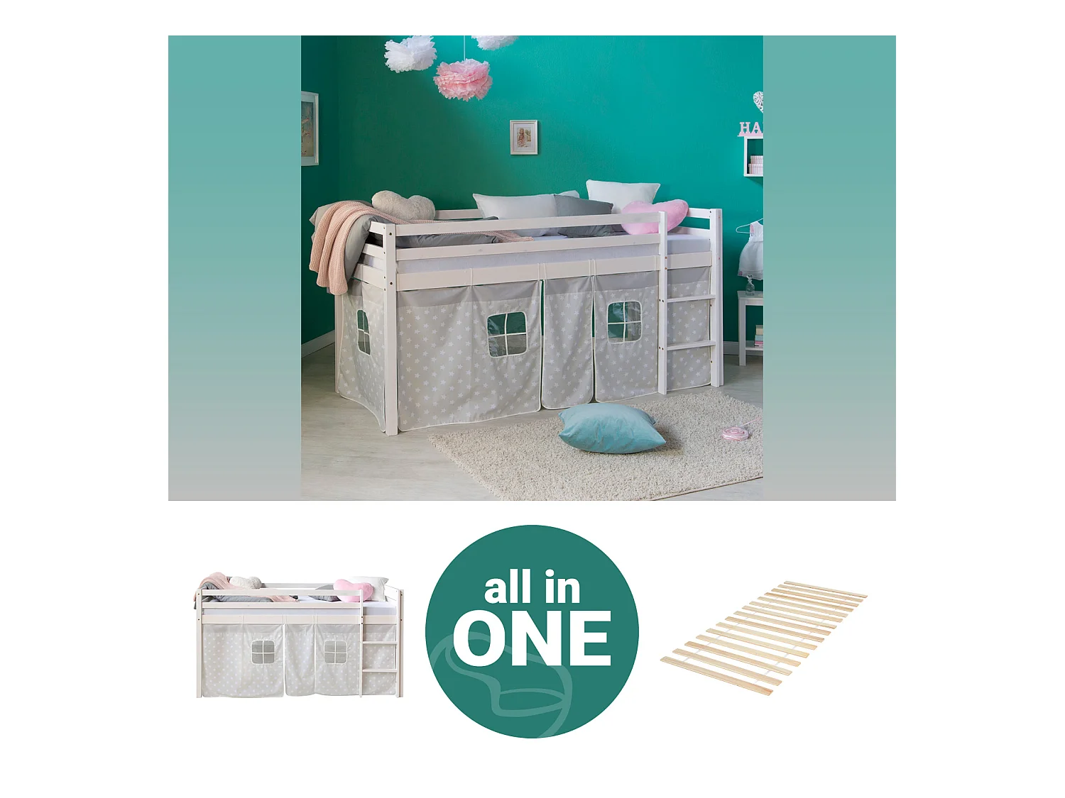 Hochbett 207,5x110x96,5 cm Weiß Grau