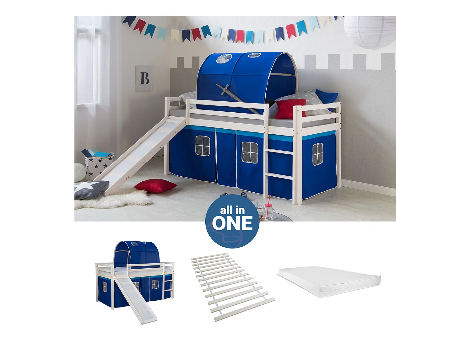 Hochbett mit Matratze 90x200 cm Blau