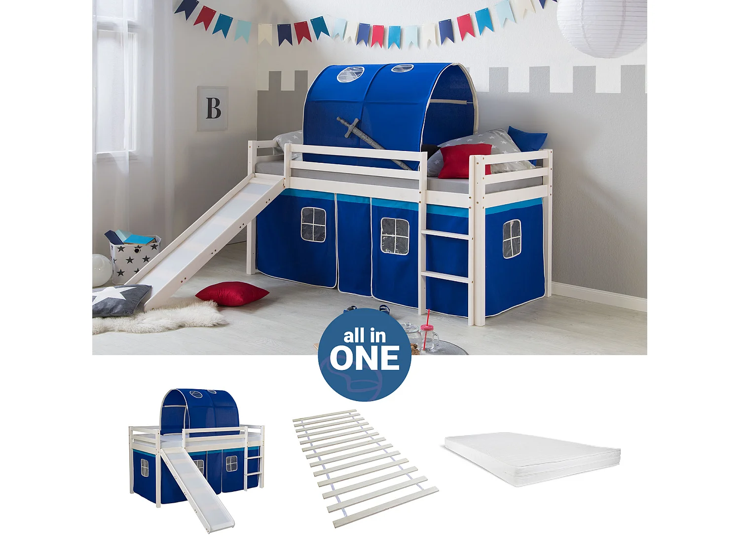 Hochbett mit Matratze 90x200 cm Blau