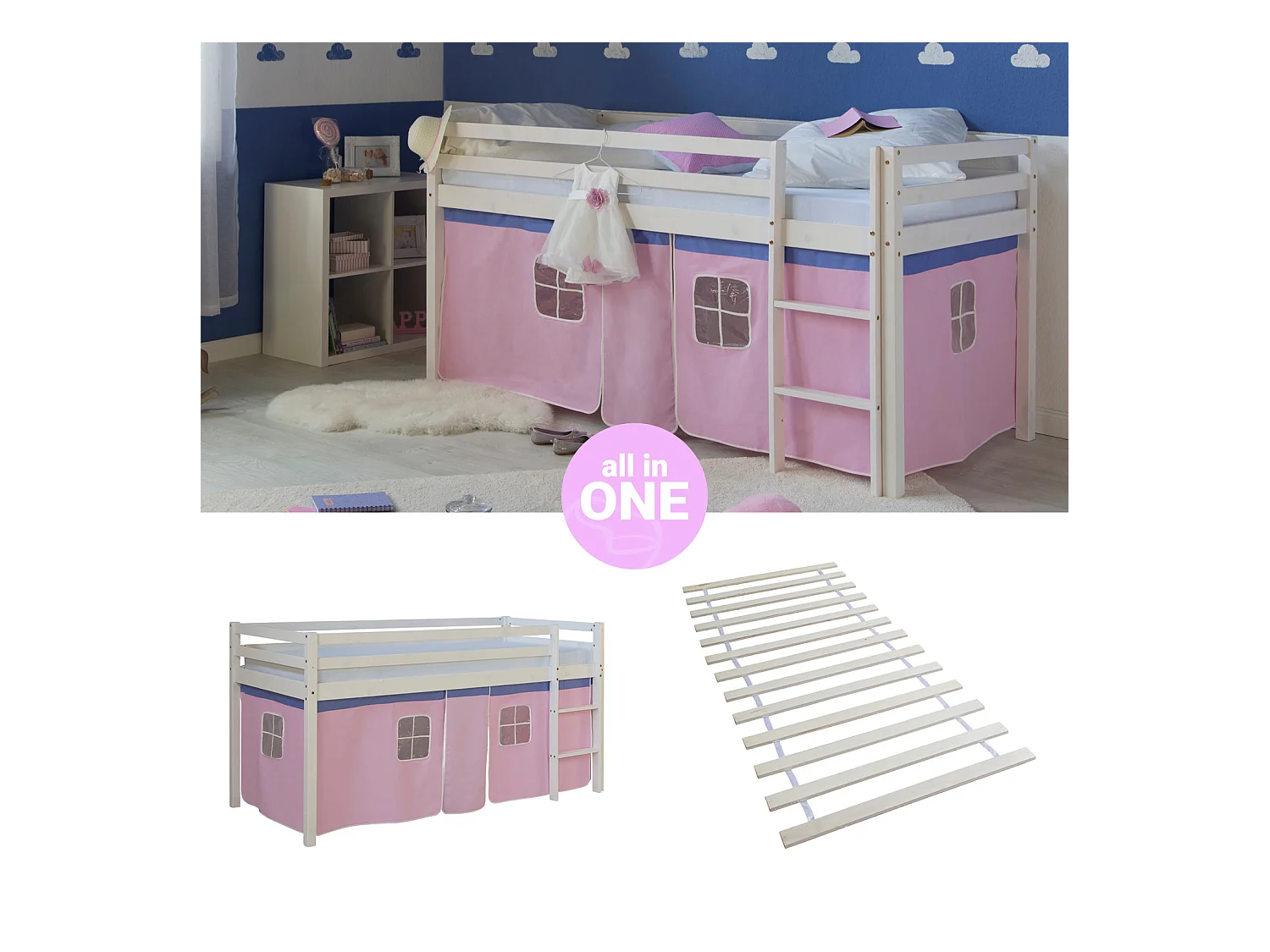 Hochbett 207,5x110x96,5 cm Weiß Rosa