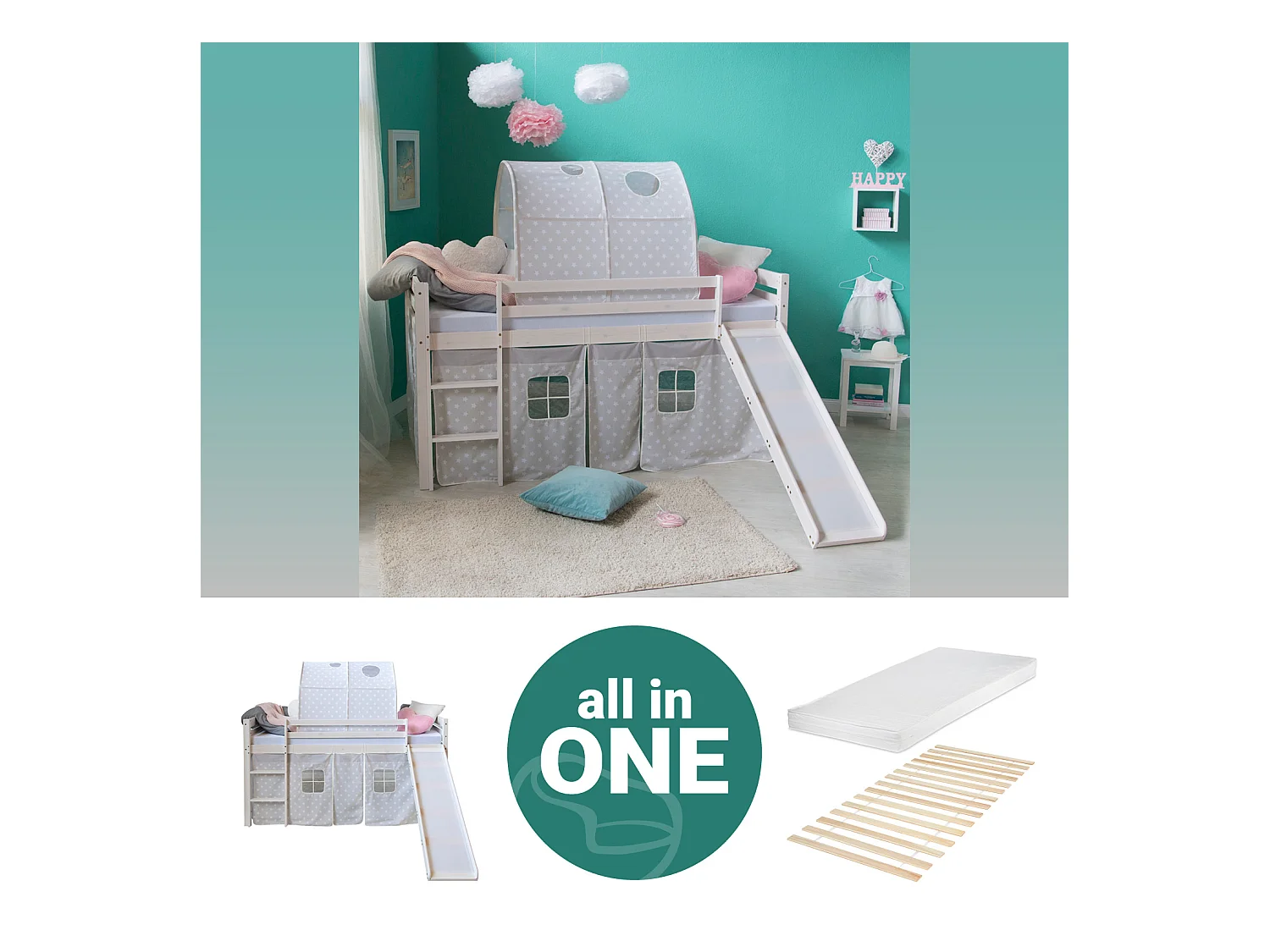 Hochbett mit Rutsche 90x200 cm Grau