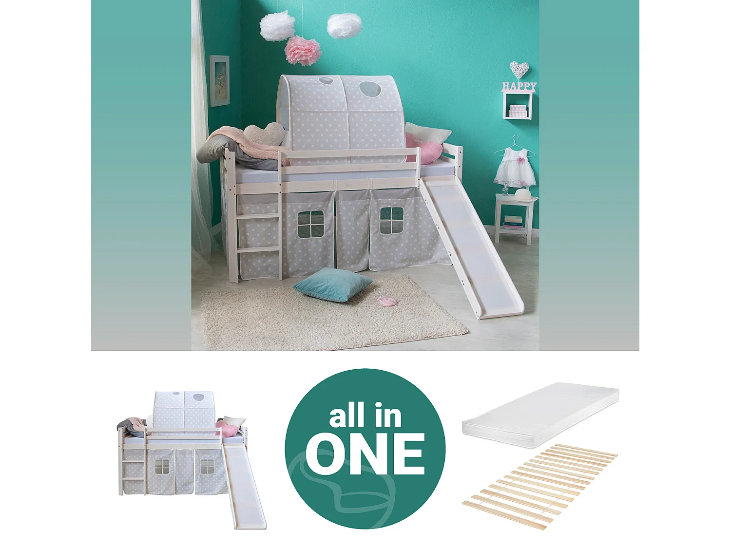 Lit mezzanine avec toboggan 90x200 cm Gris