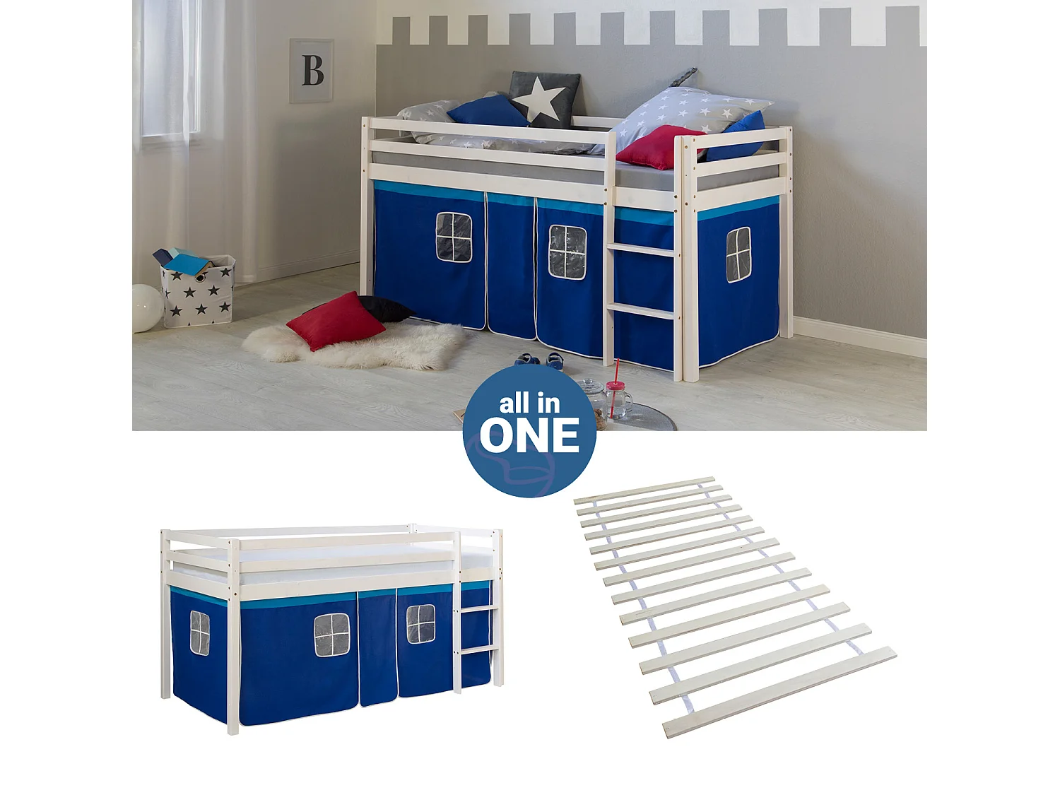 Cama alta 207,5x110x96,5 cm Branco Azul