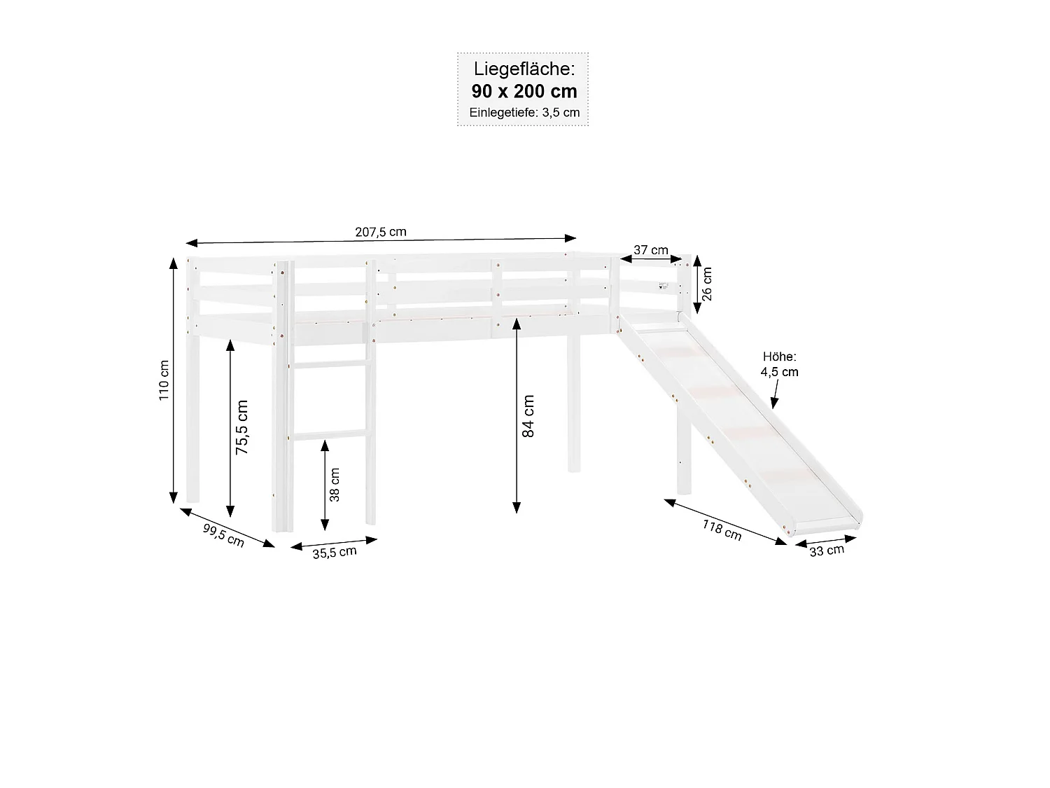 Lit Mezzanine pour Enfants 90x200 cm Blanc