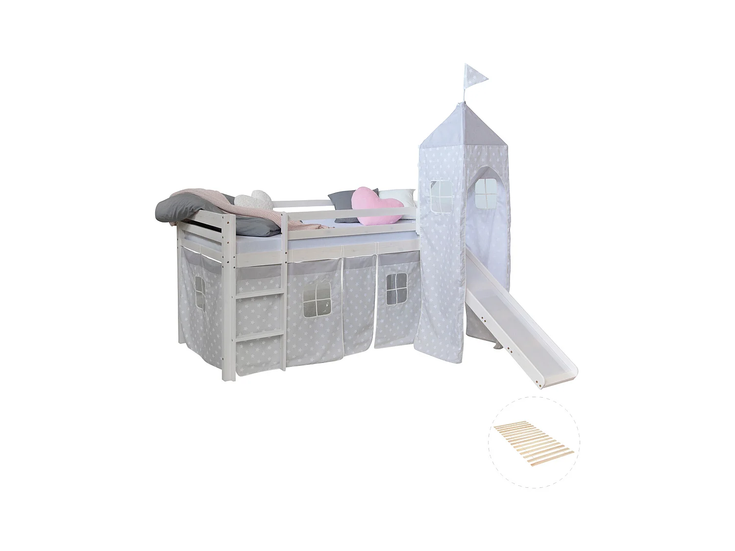 Hochbett 90x200 cm Weiß Grau Lattenrost Turm Etagenbett