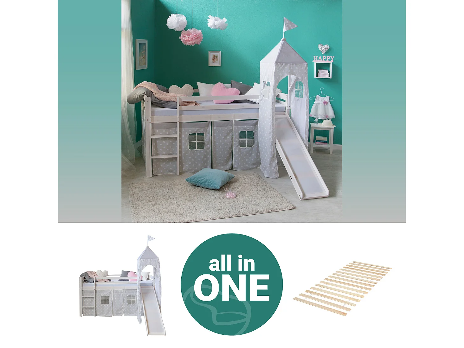 Lit mezzanine 90x200 cm Blanc gris Lattes Tour Lit superposé