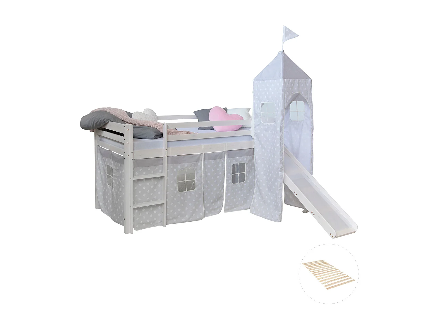 Lit mezzanine 90x200 cm Blanc gris Lattes Tour Lit superposé