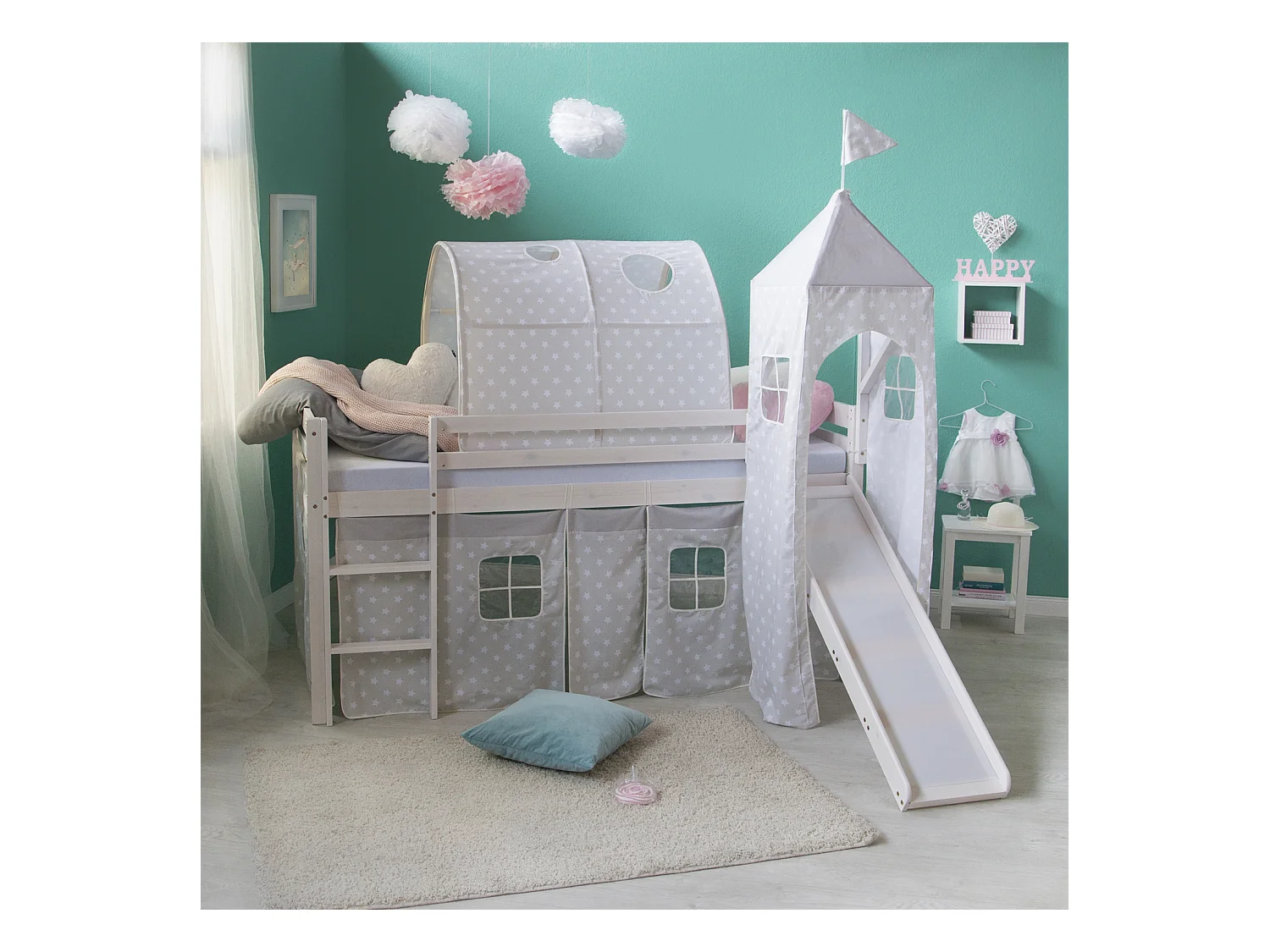 Lit enfant 90x200 cm étoiles blanches toboggan tunnel tour pin massif