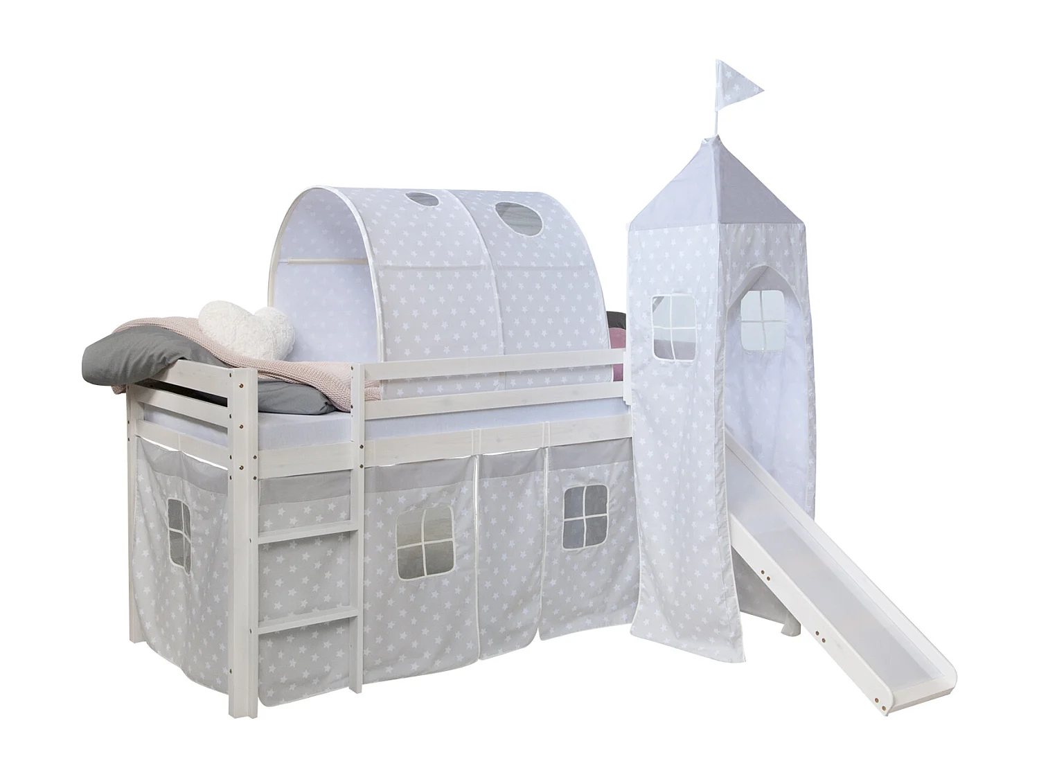 Lit enfant 90x200 cm étoiles blanches toboggan tunnel tour pin massif