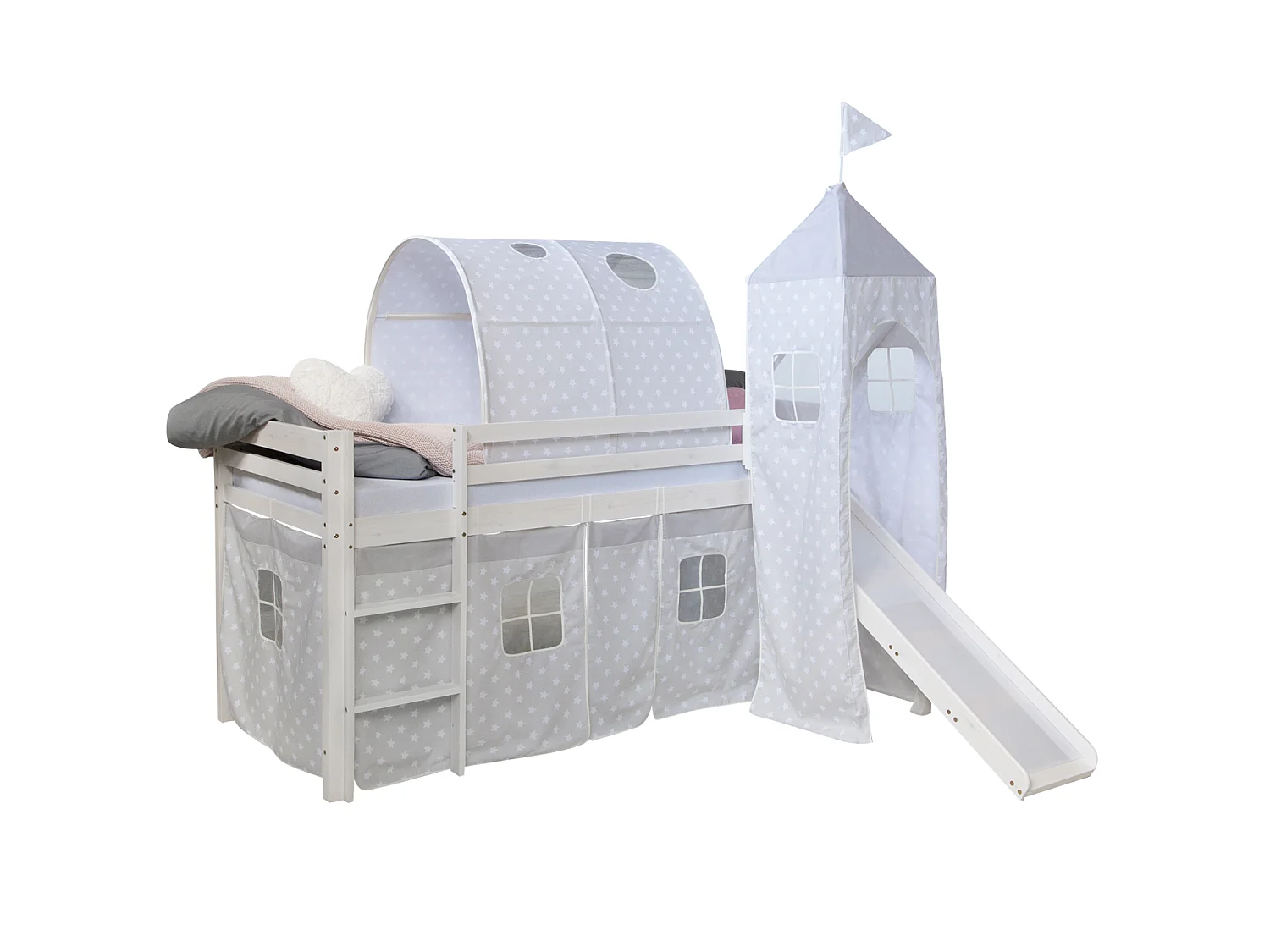 Łóżko dziecięce 90x200 cm białe gwiazdy, zjeżdżalnia, tunel, wieża, lite drewno sosnowe