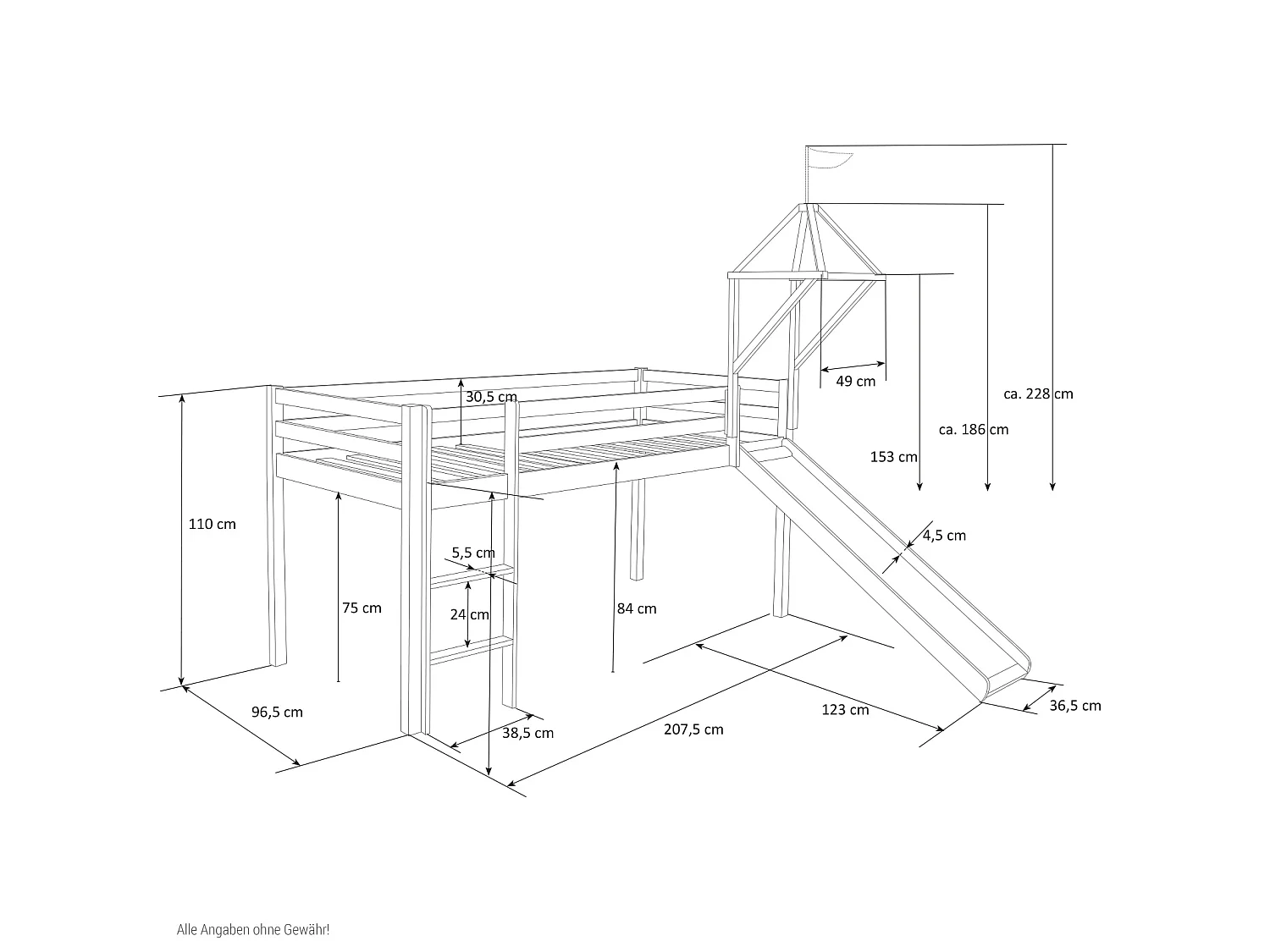 Łóżko dziecięce 90x200 cm białe gwiazdy, zjeżdżalnia, tunel, wieża, lite drewno sosnowe