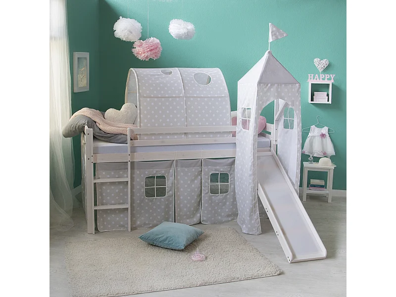 Lit enfant 90x200 cm étoiles blanches toboggan tunnel tour pin massif