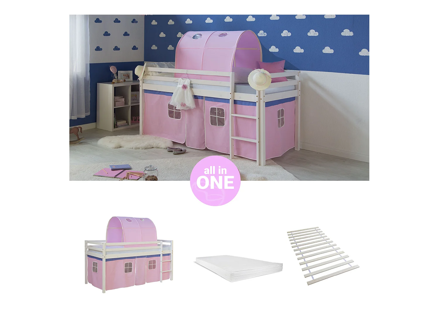 Hochbett 90x200 cm Rosa