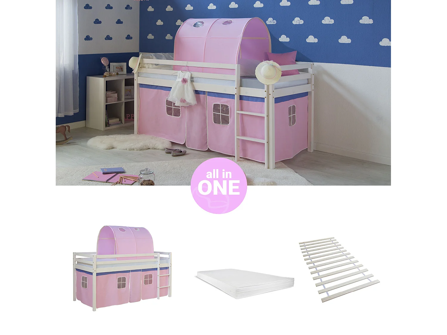 Cama alta 90x200 cm Rosa