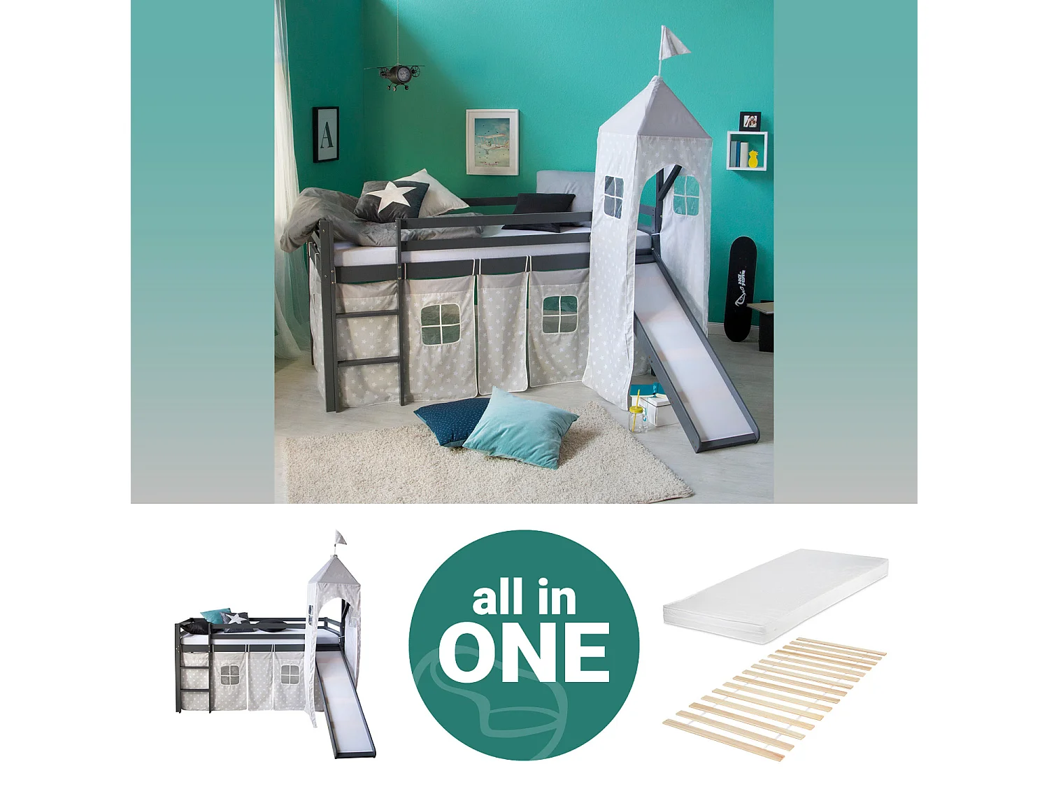 Letto a soppalco 207,5x228x219,5 cm grigio Tower