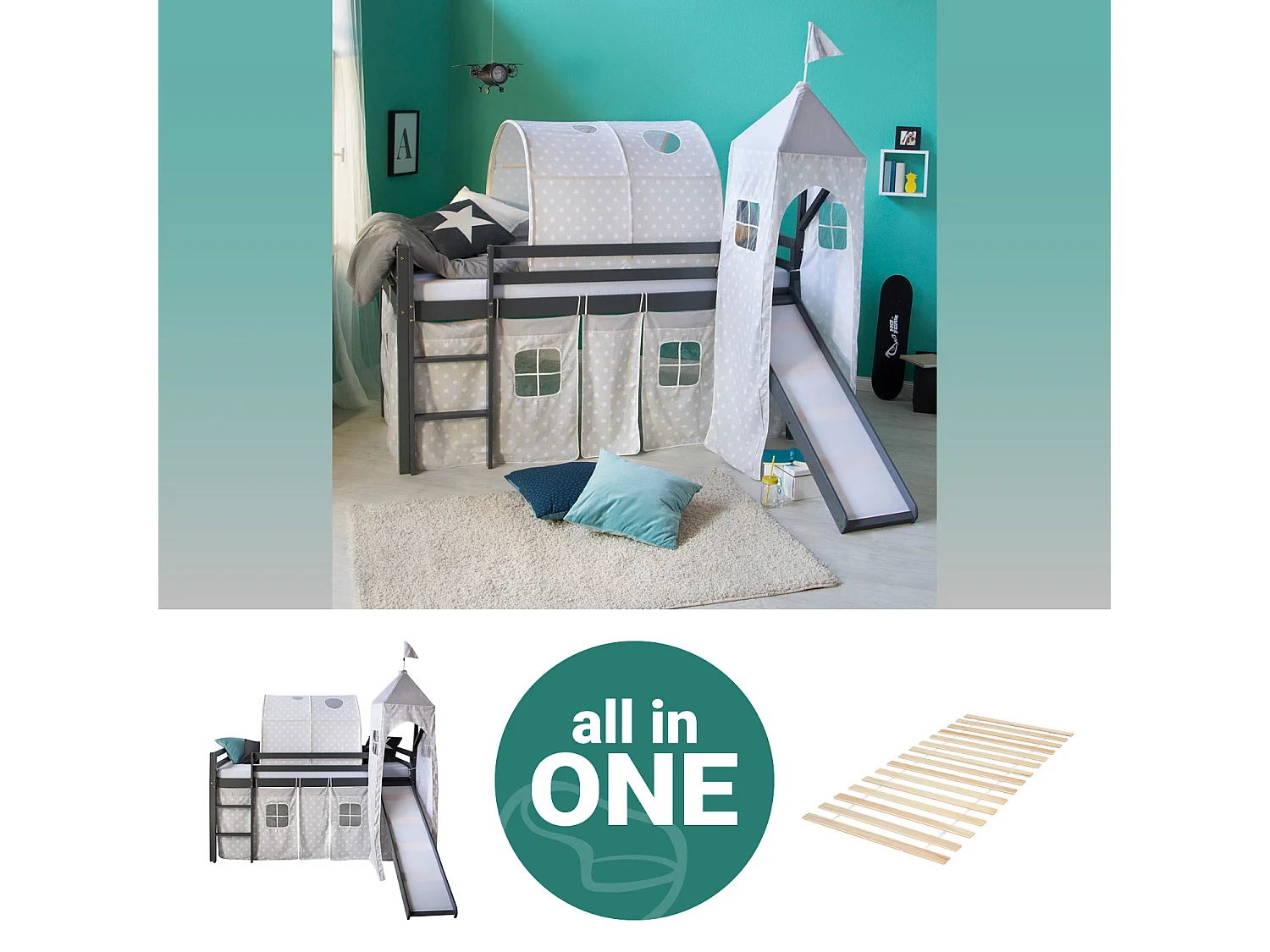 Lit mezzanine 90x200 cm gris Lattes tour lit superposé