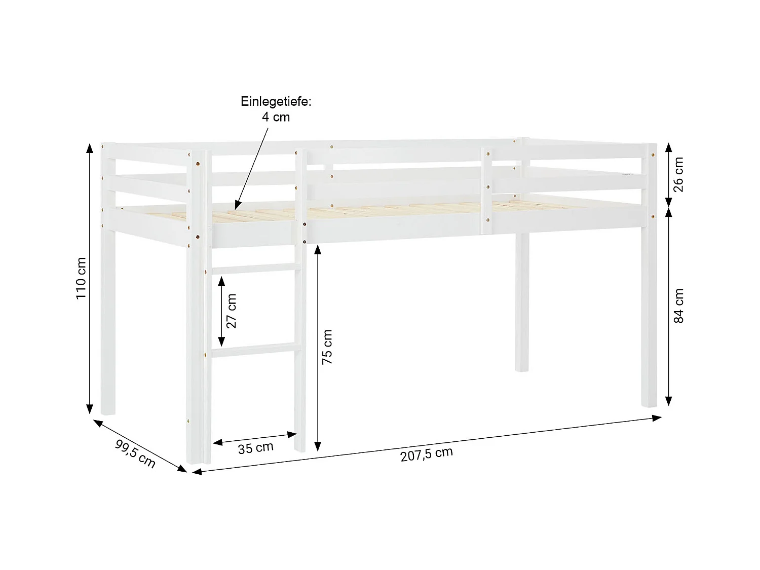 Hochbett 90x200 cm weiß