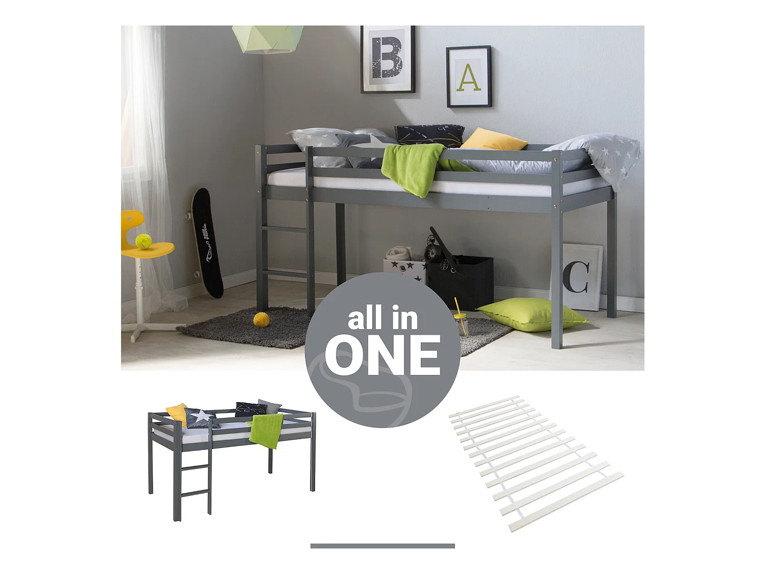 Hochbett 90x200 cm Grau Massives Kiefernholz Kinderbett Etagenbett