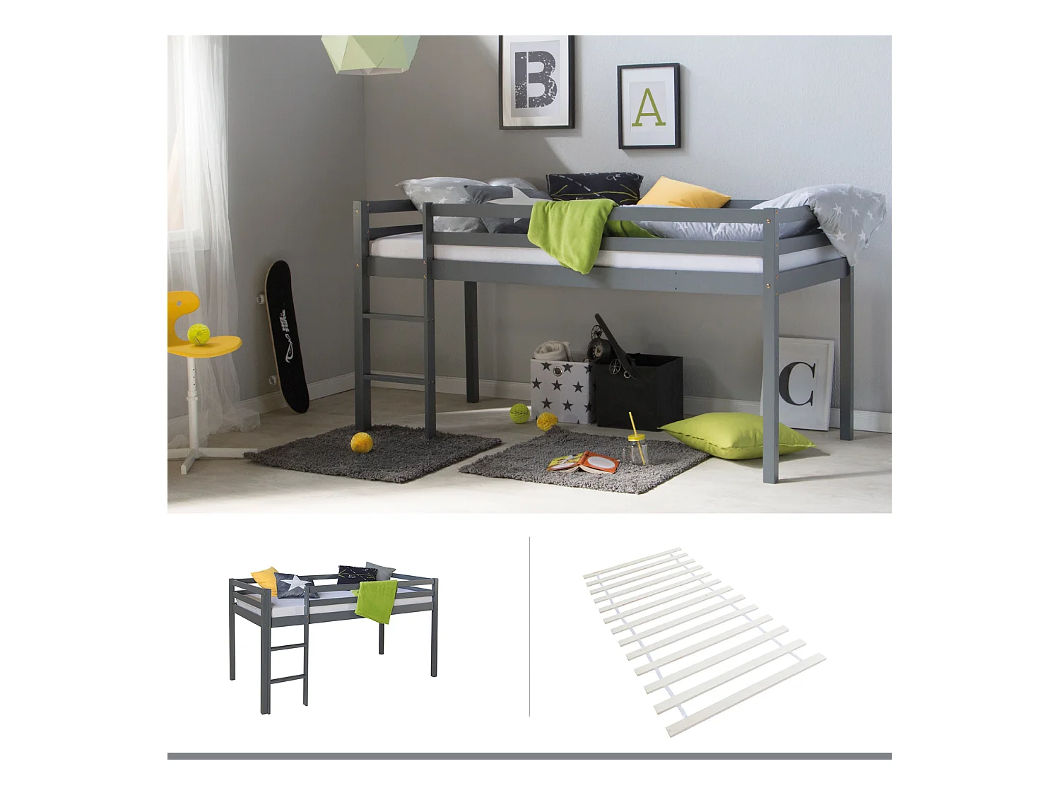 Hochbett 90x200 cm Grau Massives Kiefernholz Kinderbett Etagenbett