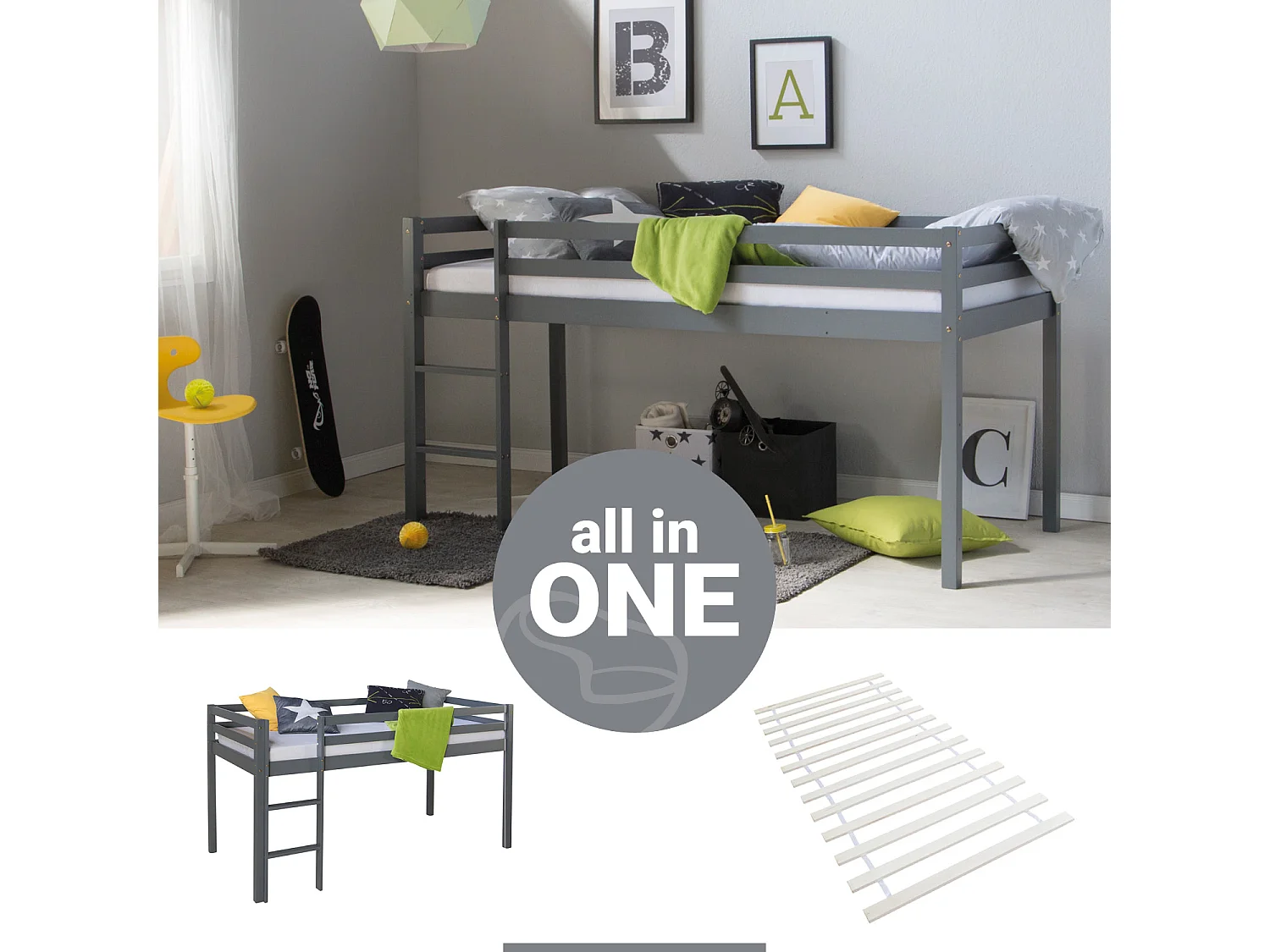 Łóżko piętrowe 90x200 cm Szare Lite drewno sosnowe Łóżko dziecięce Piętrowe łóżko