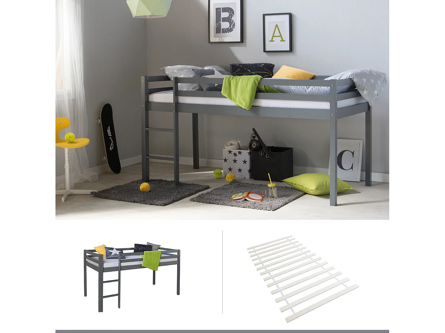 Łóżko piętrowe 90x200 cm Szare Lite drewno sosnowe Łóżko dziecięce Piętrowe łóżko