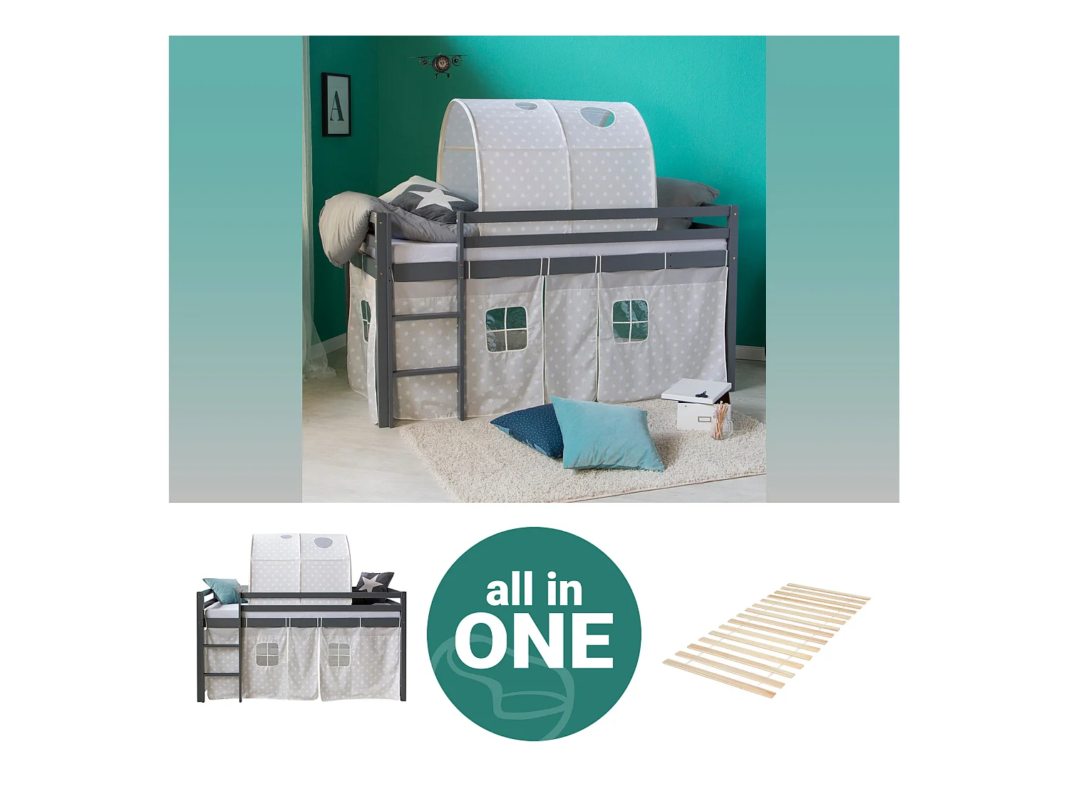 Hochbett 90x200 cm grau