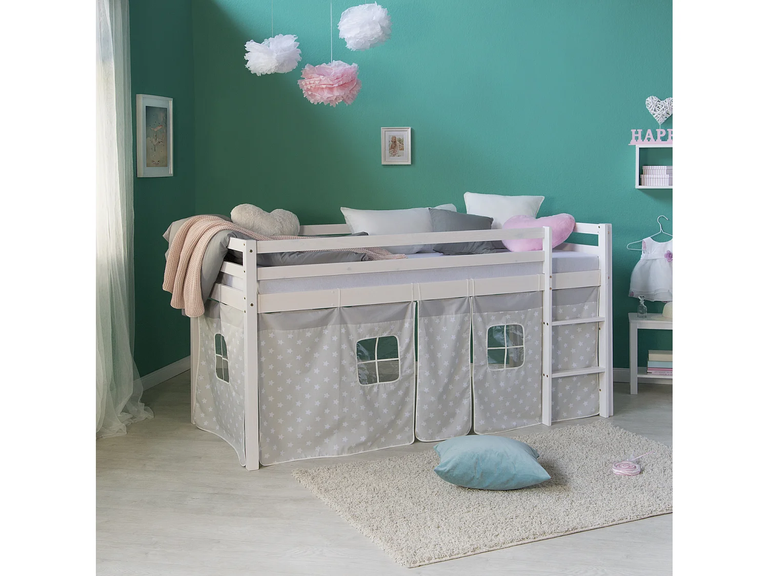Cama infantil 90x200 cm estrellas blancas pino macizo
