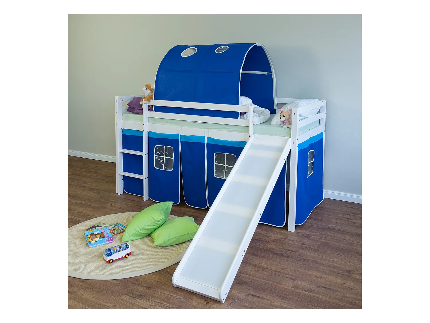 Hochbett 90x200 cm Blau Kinderbett Leiter Rutsche Tunnel Massivkiefer