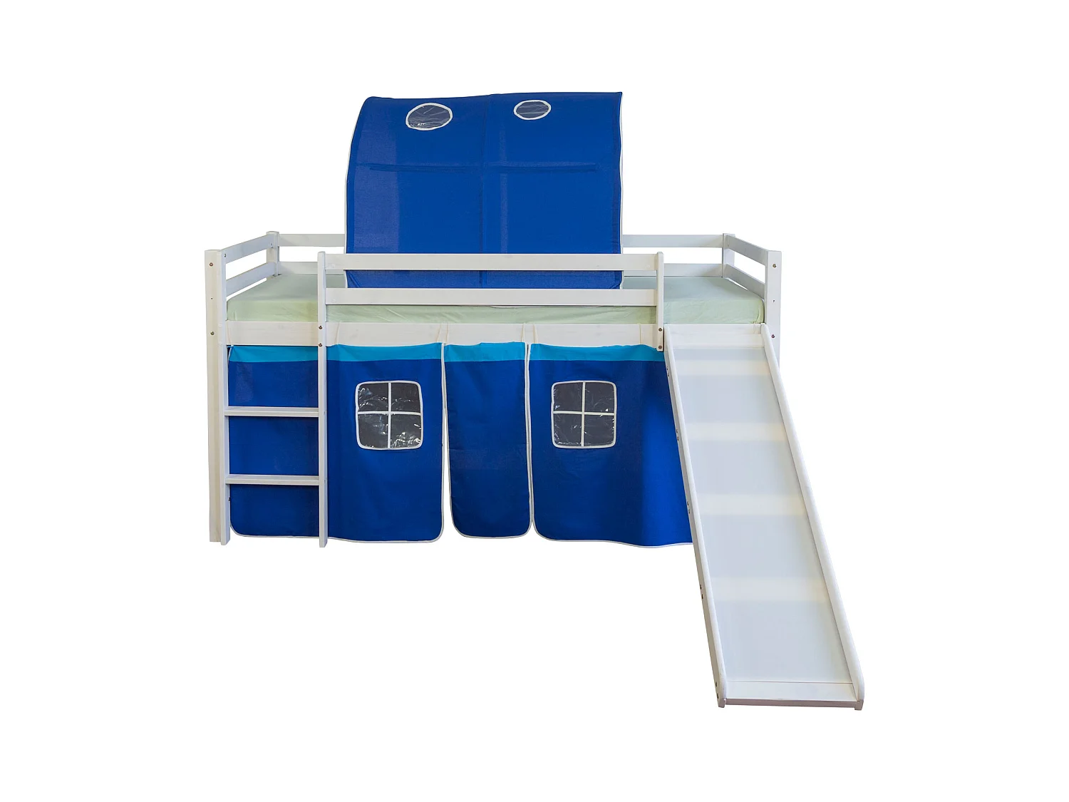 Hochbett 90x200 cm Blau Kinderbett Leiter Rutsche Tunnel Massivkiefer