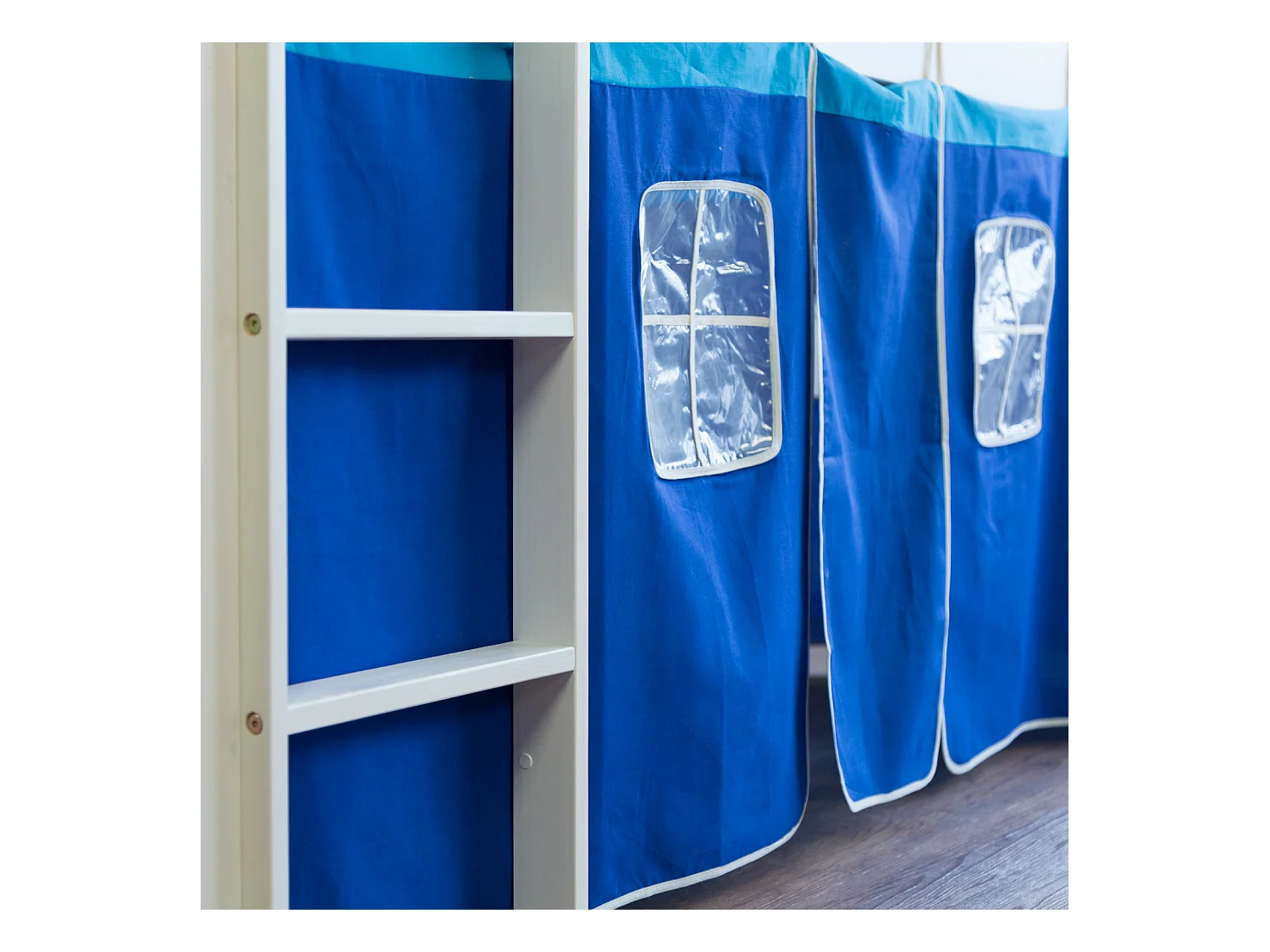 Hochbett 90x200 cm Blau Kinderbett Leiter Rutsche Tunnel Massivkiefer