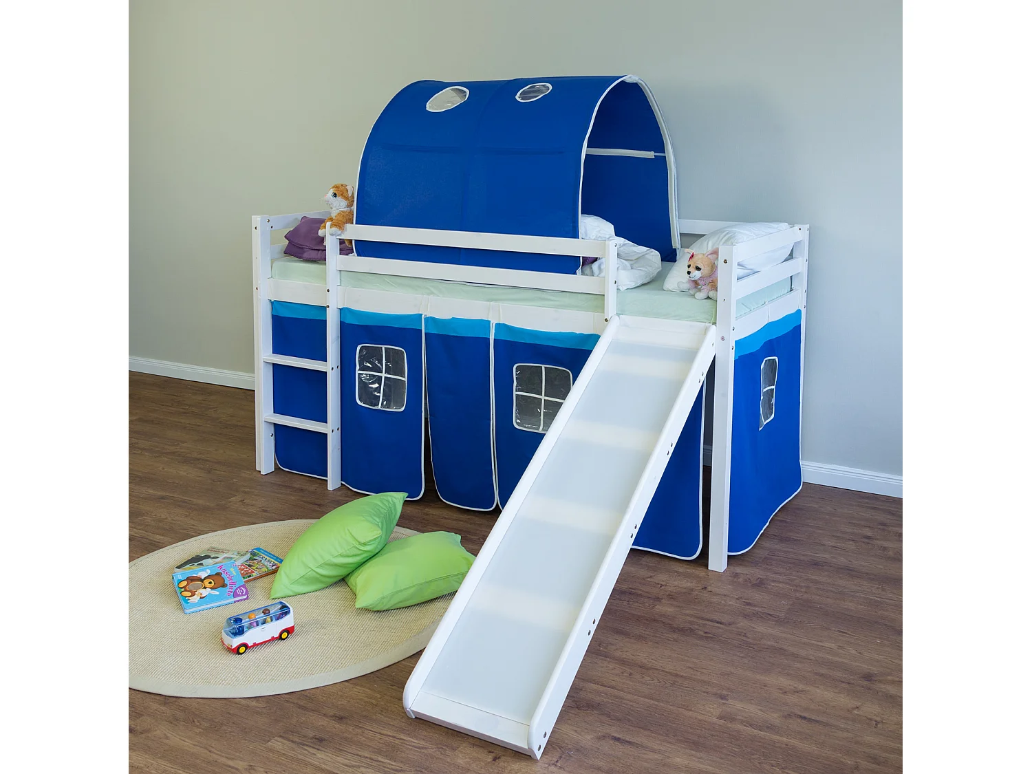 Hochbett 90x200 cm Blau Kinderbett Leiter Rutsche Tunnel Massivkiefer