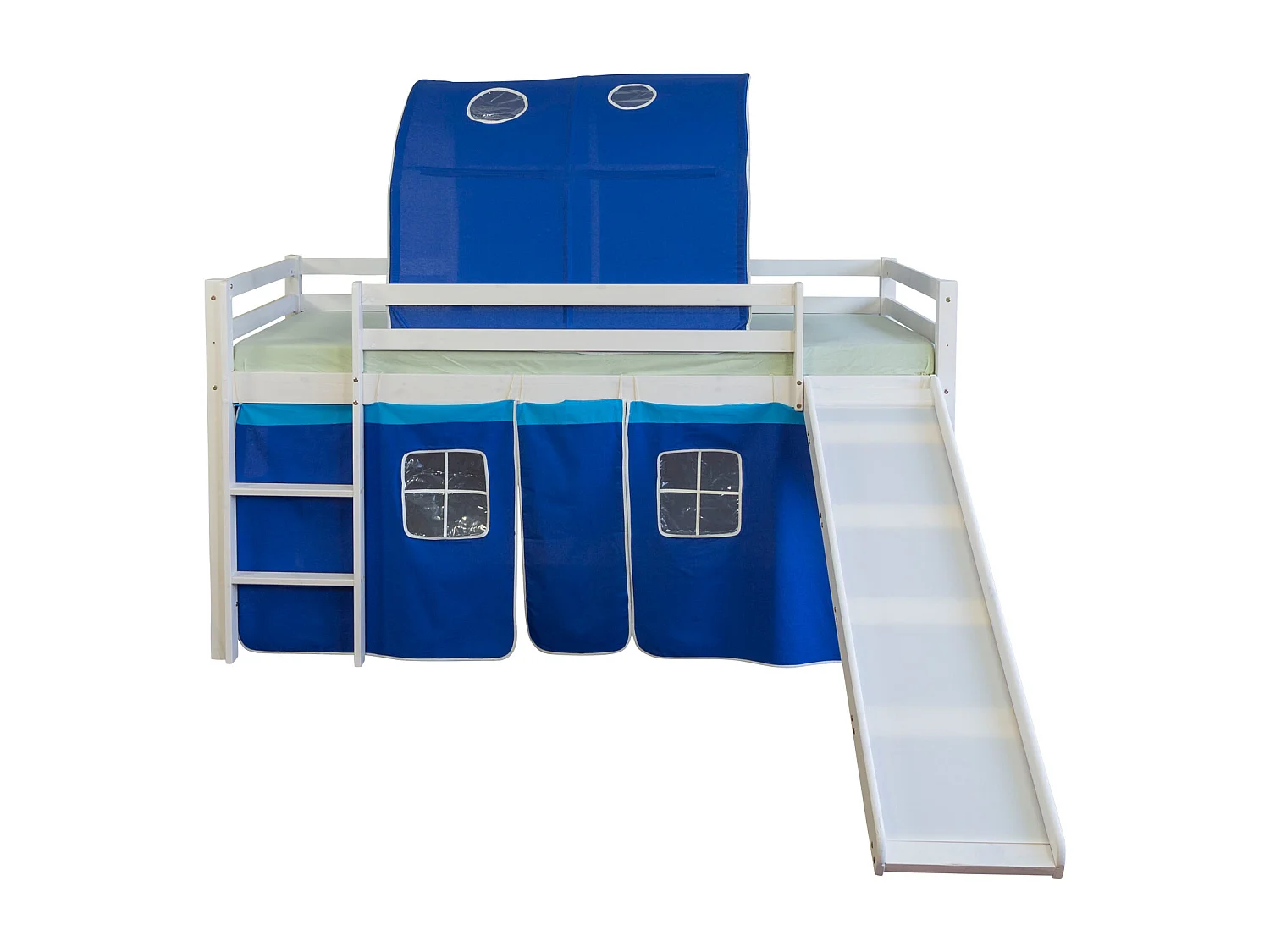 Hochbett 90x200 cm Blau Kinderbett Leiter Rutsche Tunnel Massivkiefer