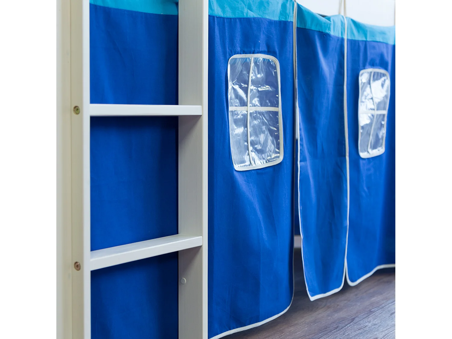 Hochbett 90x200 cm Blau Kinderbett Leiter Rutsche Tunnel Massivkiefer