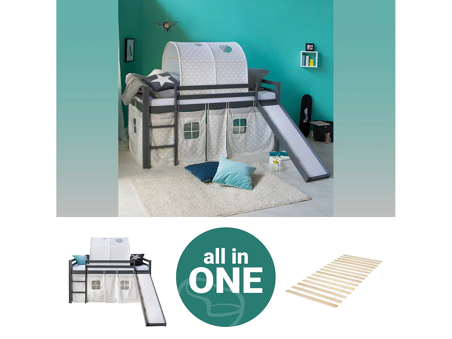 Lit mezzanine 90x200 cm gris