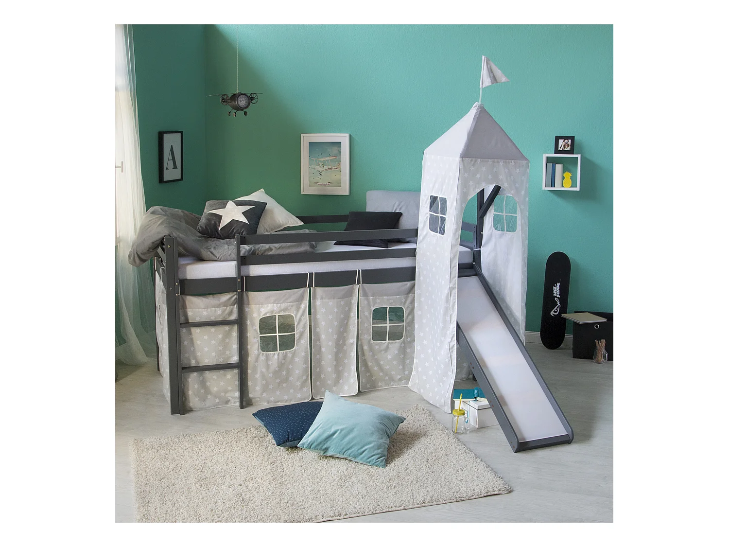 Lit mezzanine 207,5x228x219,5 cm gris Lattes Tour