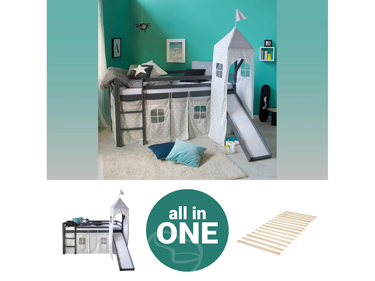 Lit mezzanine 207,5x228x219,5 cm gris Lattes Tour