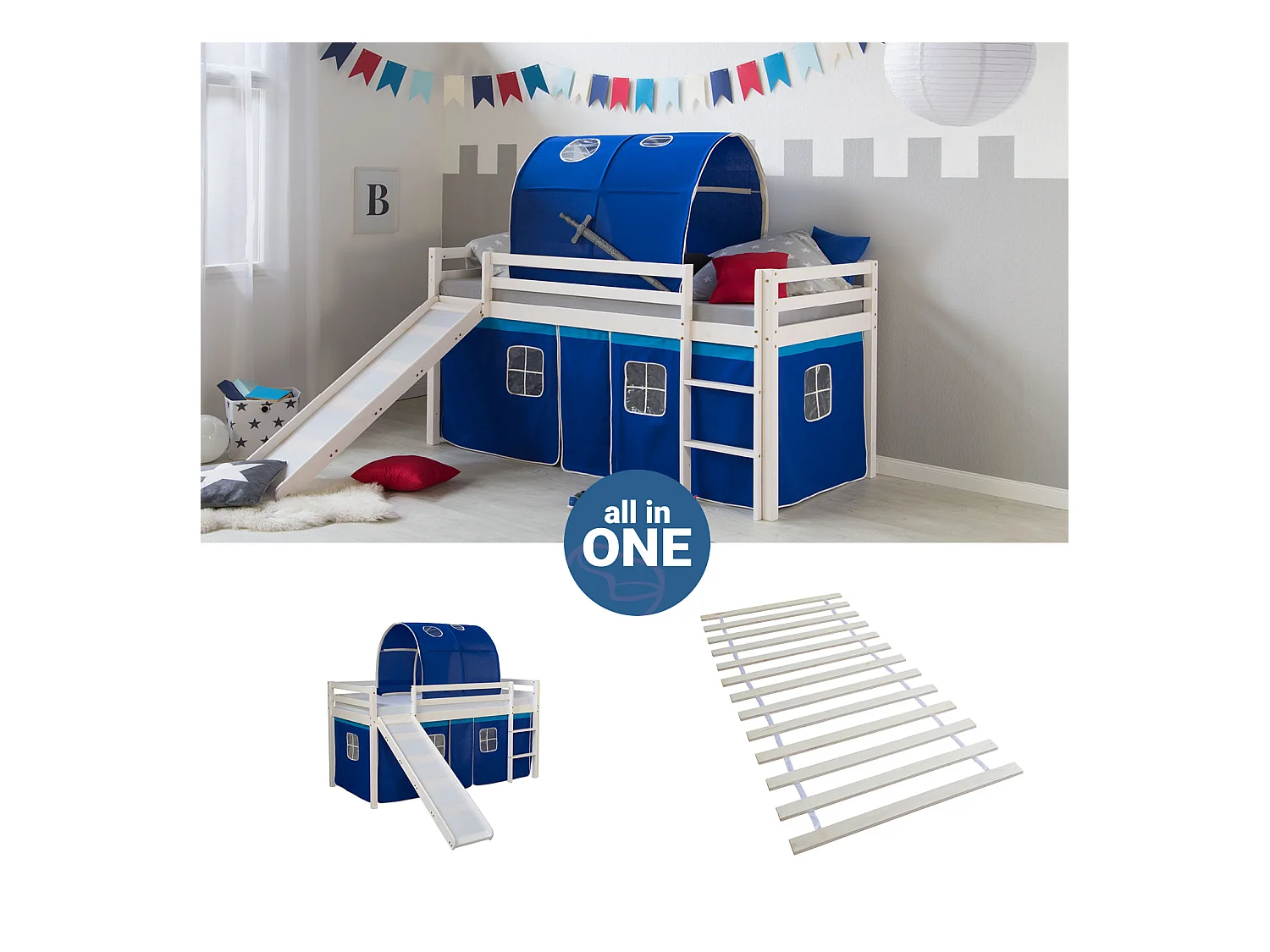 Lit mezzanine 207,5x110x219,5 cm blanc bleu Bois de pin massif