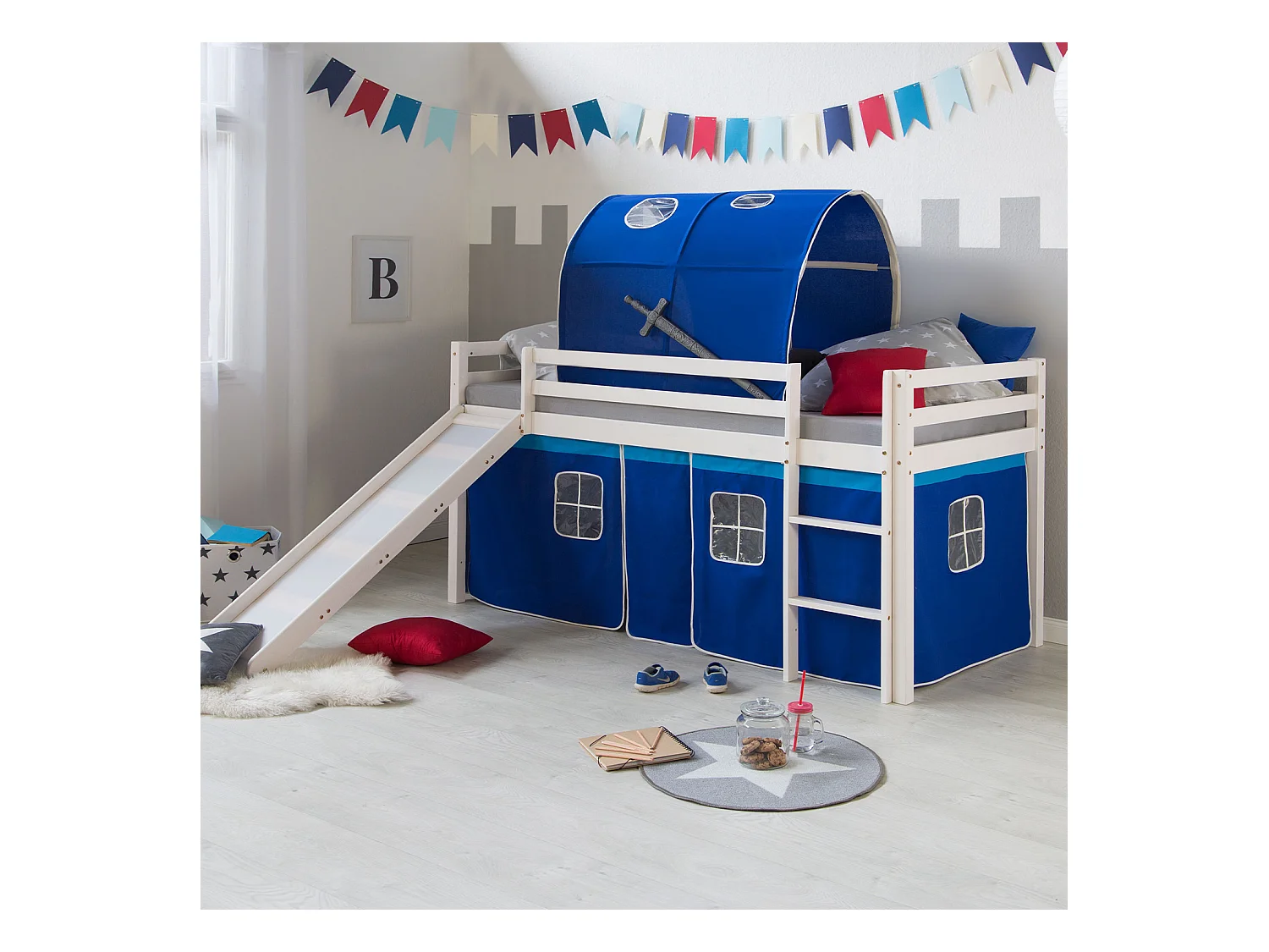 Lit mezzanine 207,5x110x219,5 cm blanc bleu Bois de pin massif