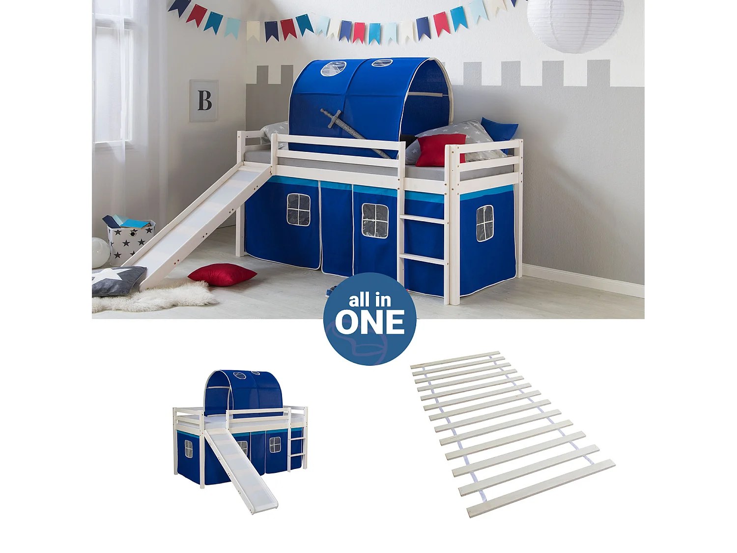 Lit mezzanine 207,5x110x219,5 cm blanc bleu Bois de pin massif