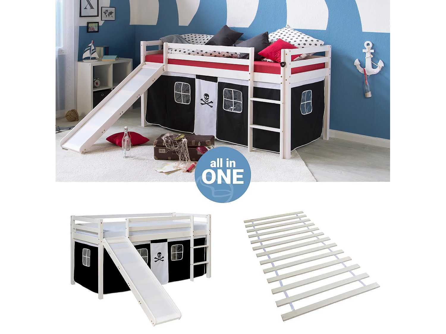 Hochbett 207,5x110x219,5 cm weiß schwarz Pirat